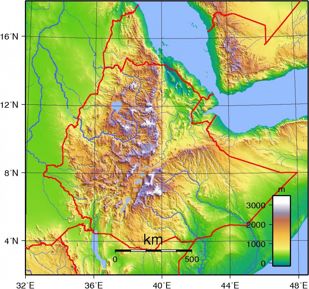 Fyysinen kartta Etiopiassa Etiopia topografinen kartta (Itä - Afrikka ja  afrikan)