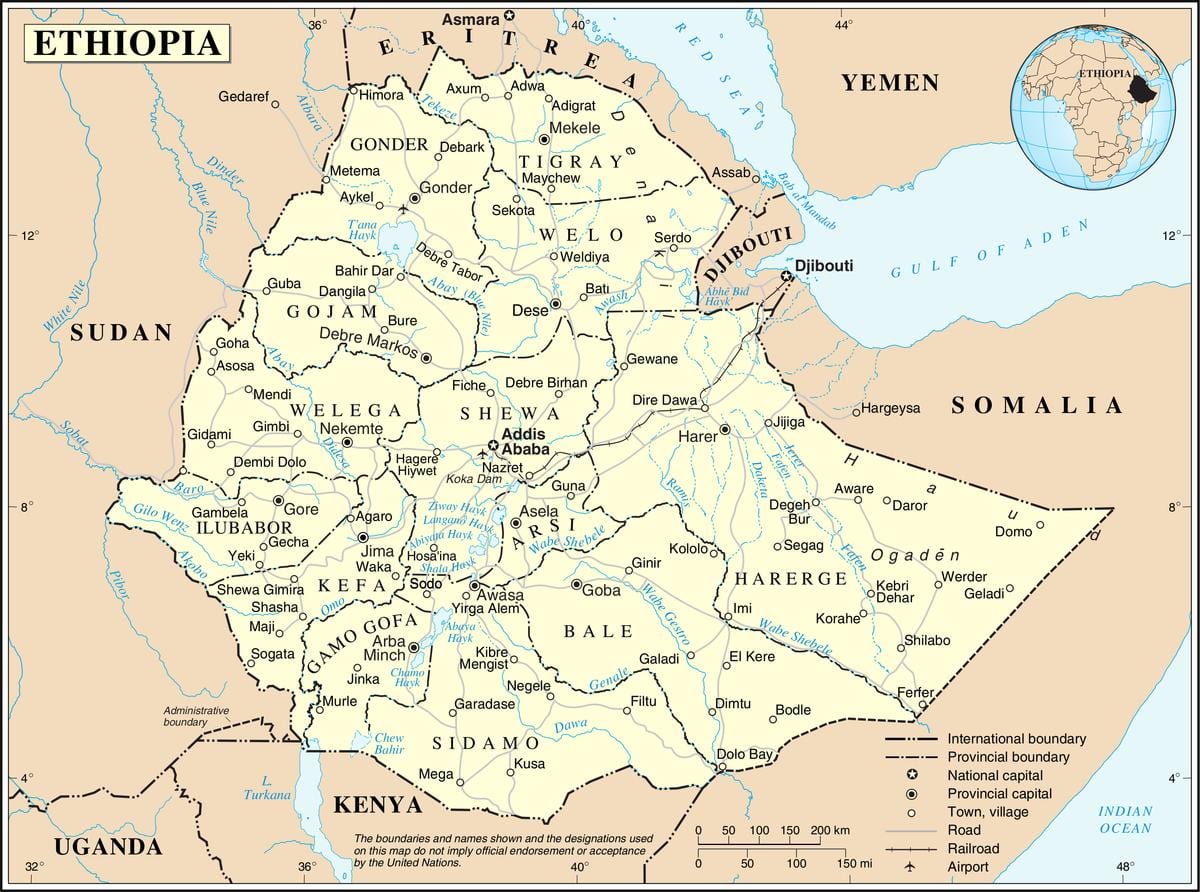 nykyisen Etiopian kartta